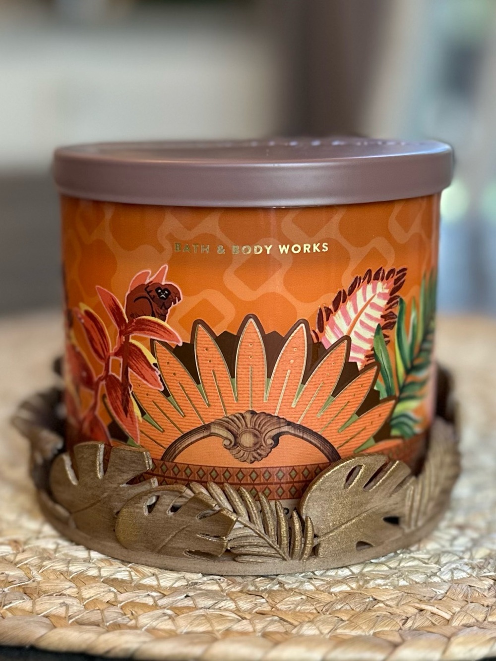 Bath & Body Works 3 Wick Gold Leaf Tropical Candle Holder